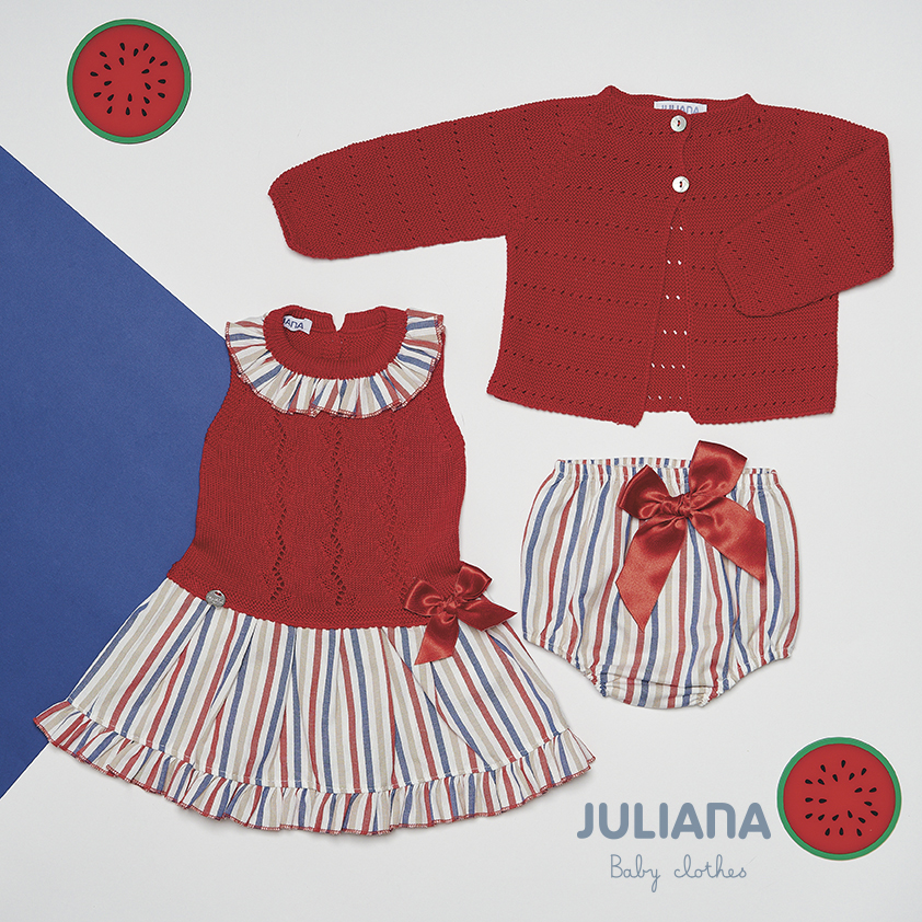 Colección Ropa Infantil Varadero Vestido Rayado Punto Rojo, Chaqueta Punto Rojo y Ranita Rayada Lazo