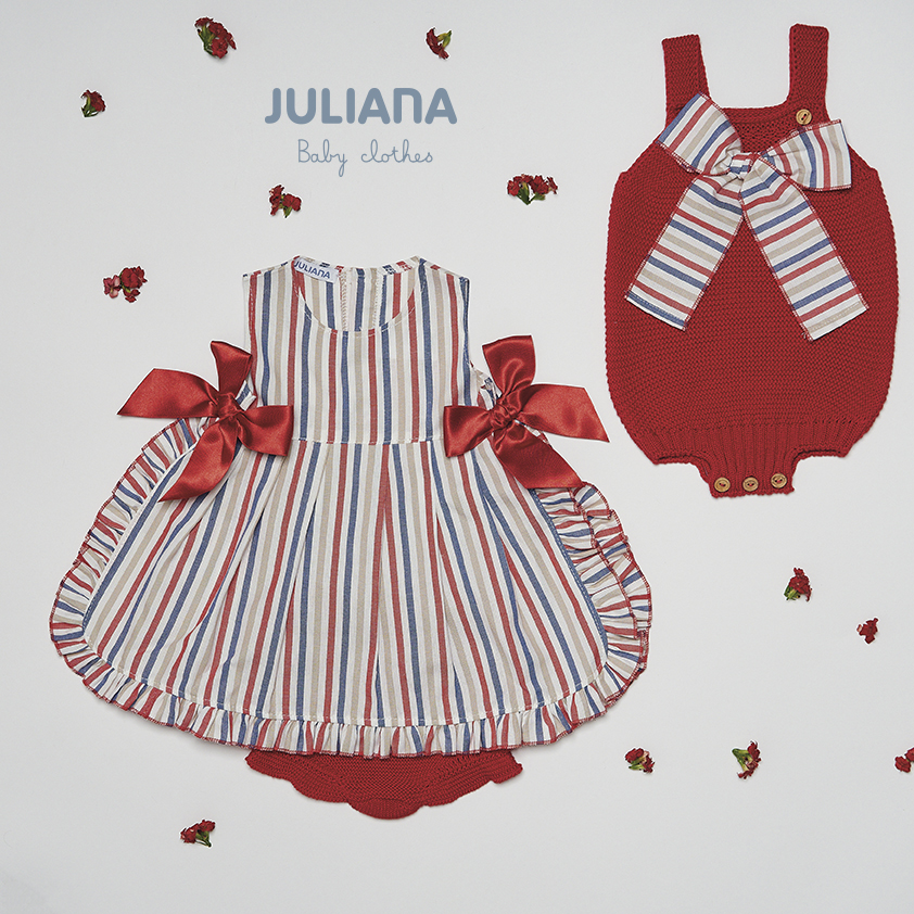 Colección Ropa Infantil Varadero Vestido Rayado Ranita y Peto Punto Rojo Lazo