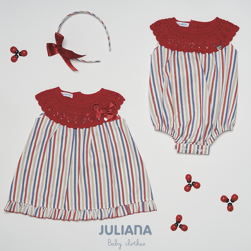 Colección Ropa Infantil Varadero Vestido y Pelele Rayado Cuello Punto Rojo