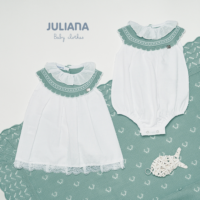 Colección Ropa Infantil Bonita Prendas Vestido Blanco Cuello Punto y Conjunto Pelele Cuello Punto