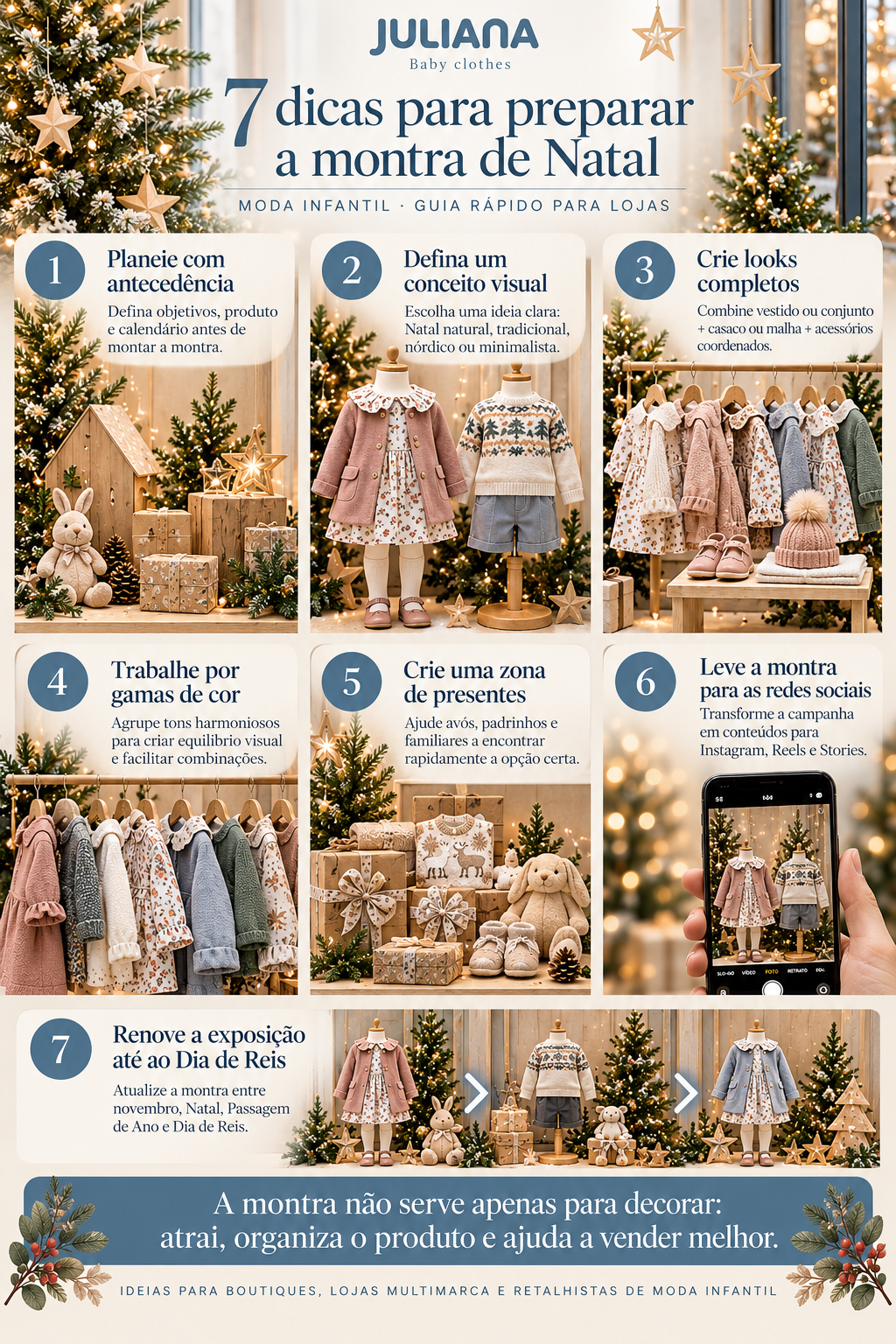 Infográfico com 7 dicas para preparar a montra de Natal de uma loja de moda infantil