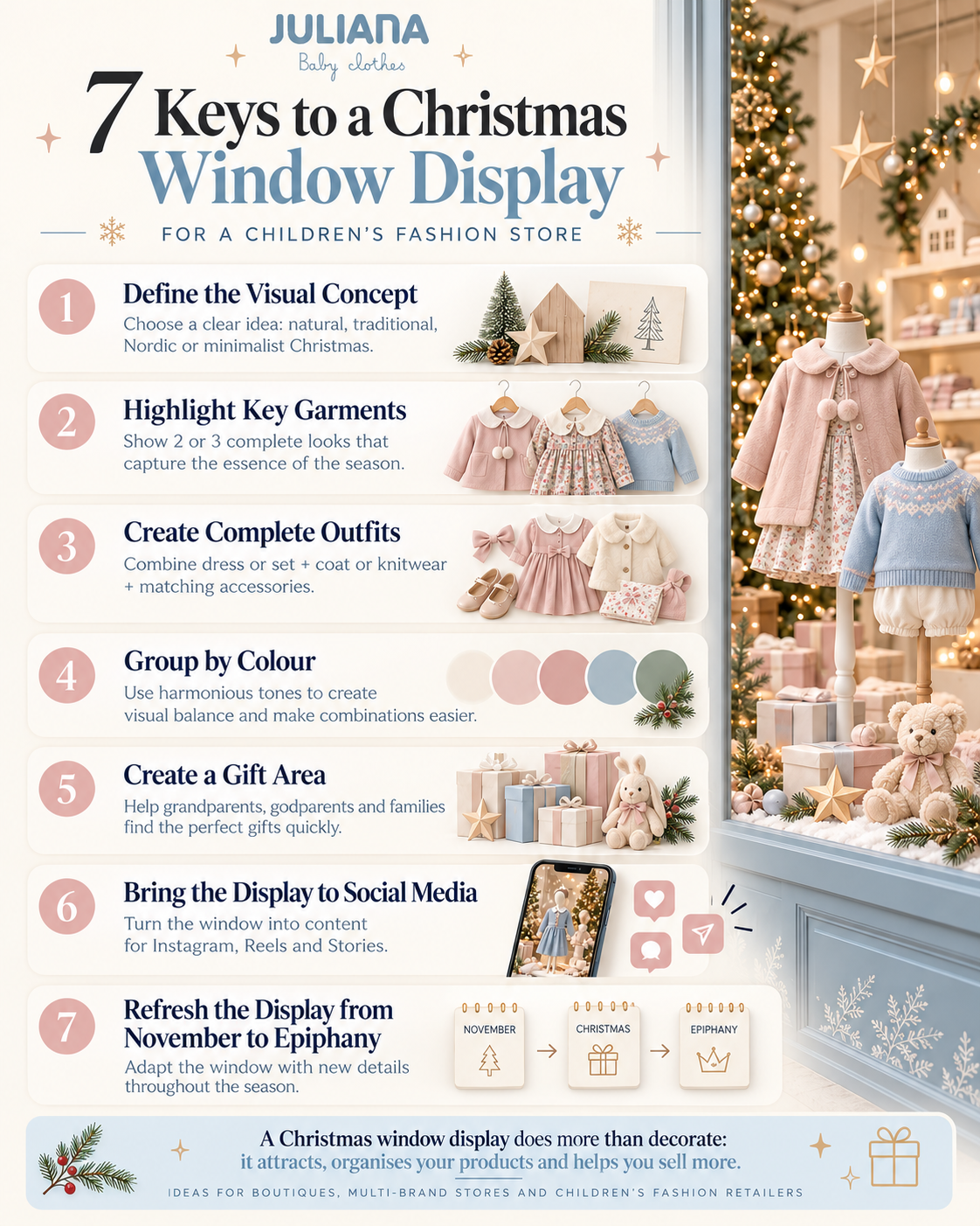 Christmas window display infographic for a children's fashion store