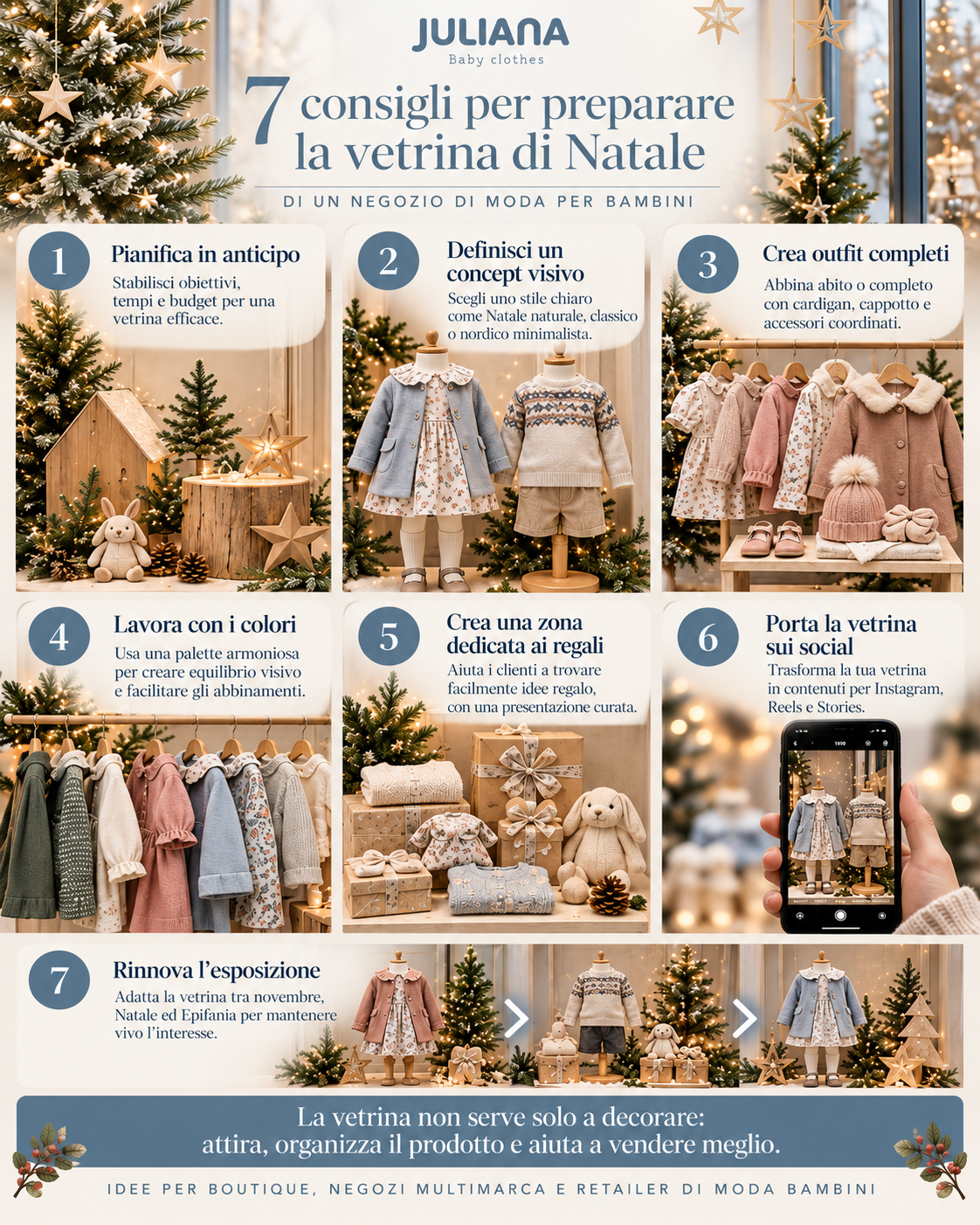 vetrina natale negozio moda bambini infografica juliana Infografica con 7 consigli per preparare la vetrina di Natale di un negozio di moda per bambini